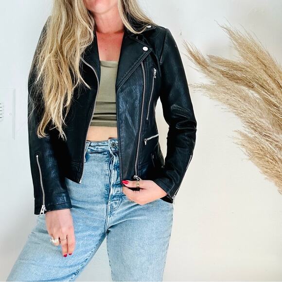 TOPSHOP Black Faux Vegan Leather Offset Side Zip Classic Moto Biker Jacket 4 - Picture 6 of 15